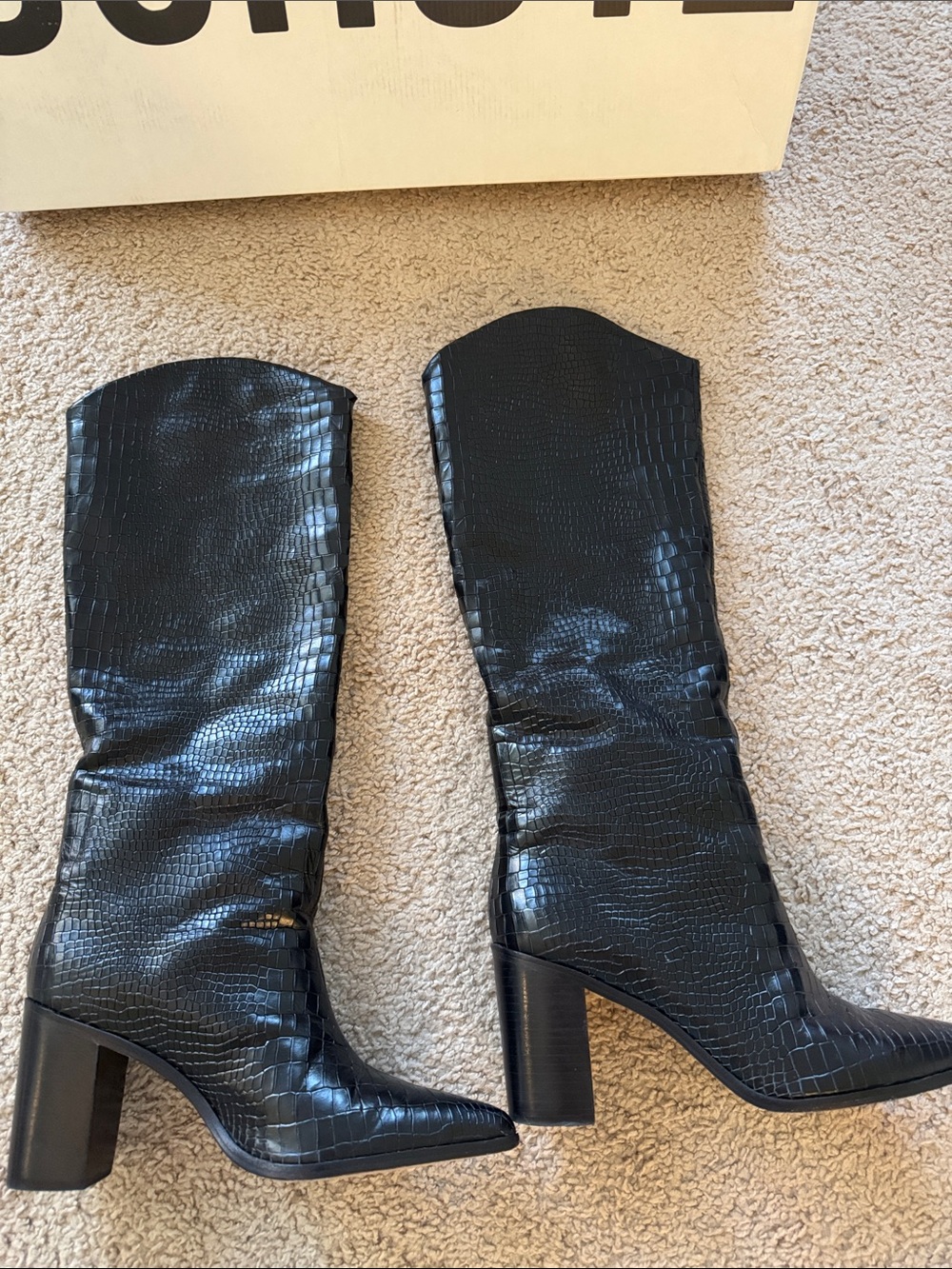 SCHUTZ Black Croc-Embossed Knee-High Boots - Picture 9 of 10